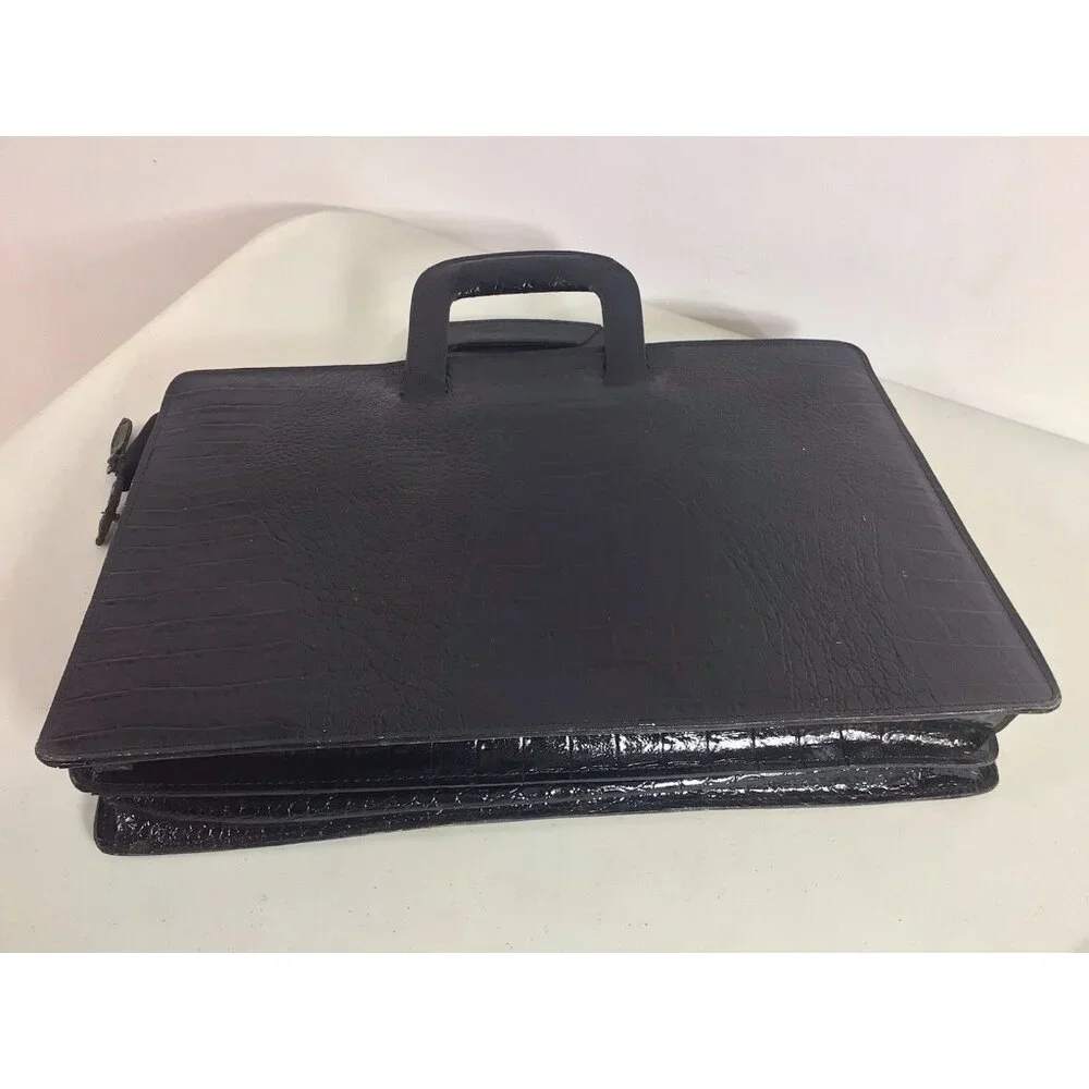 Vintage Croc Embossed Black Leather Laptop Bag Briefcase